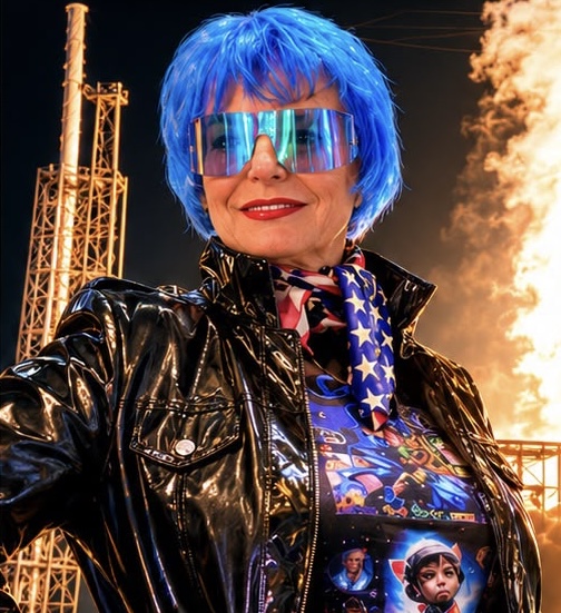 Eva Blaisdell in a black leather jacket and blue mirrored glasses at a launch pad