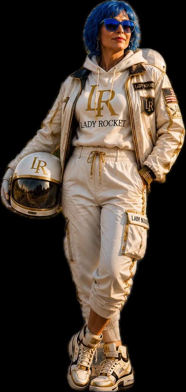 Eva Blaisdell standing in a white and gold Lady Rocket flight suit holding a helmet