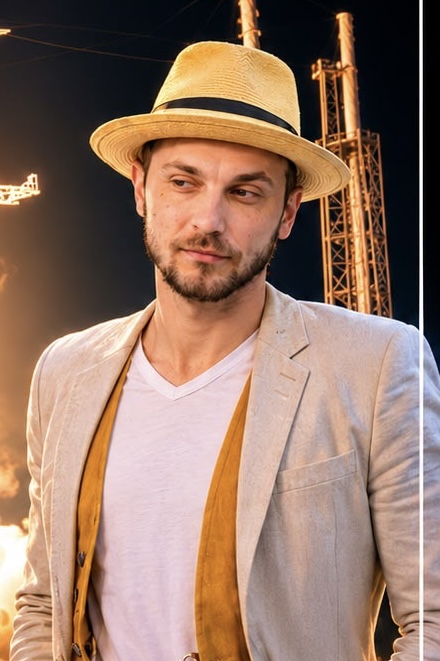 Grant Blaisdell in a linen jacket and straw hat with a launch pad behind him