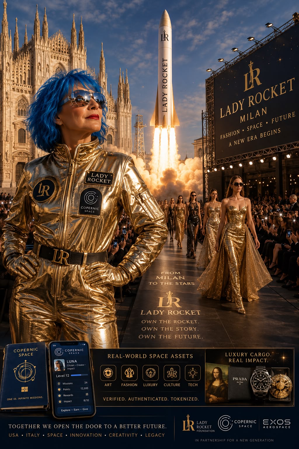 Lady Rocket in gold on a Milan runway as a Lady Rocket vehicle lifts off behind the show
