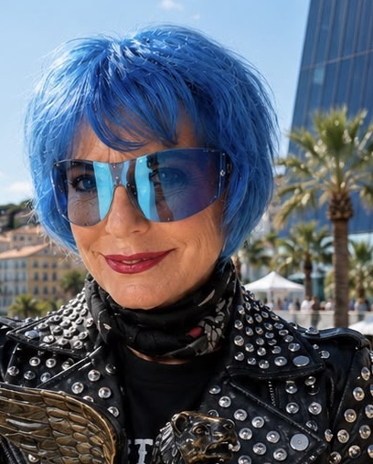 Eva Blaisdell in a studded leather jacket and blue mirrored glasses on the Croisette