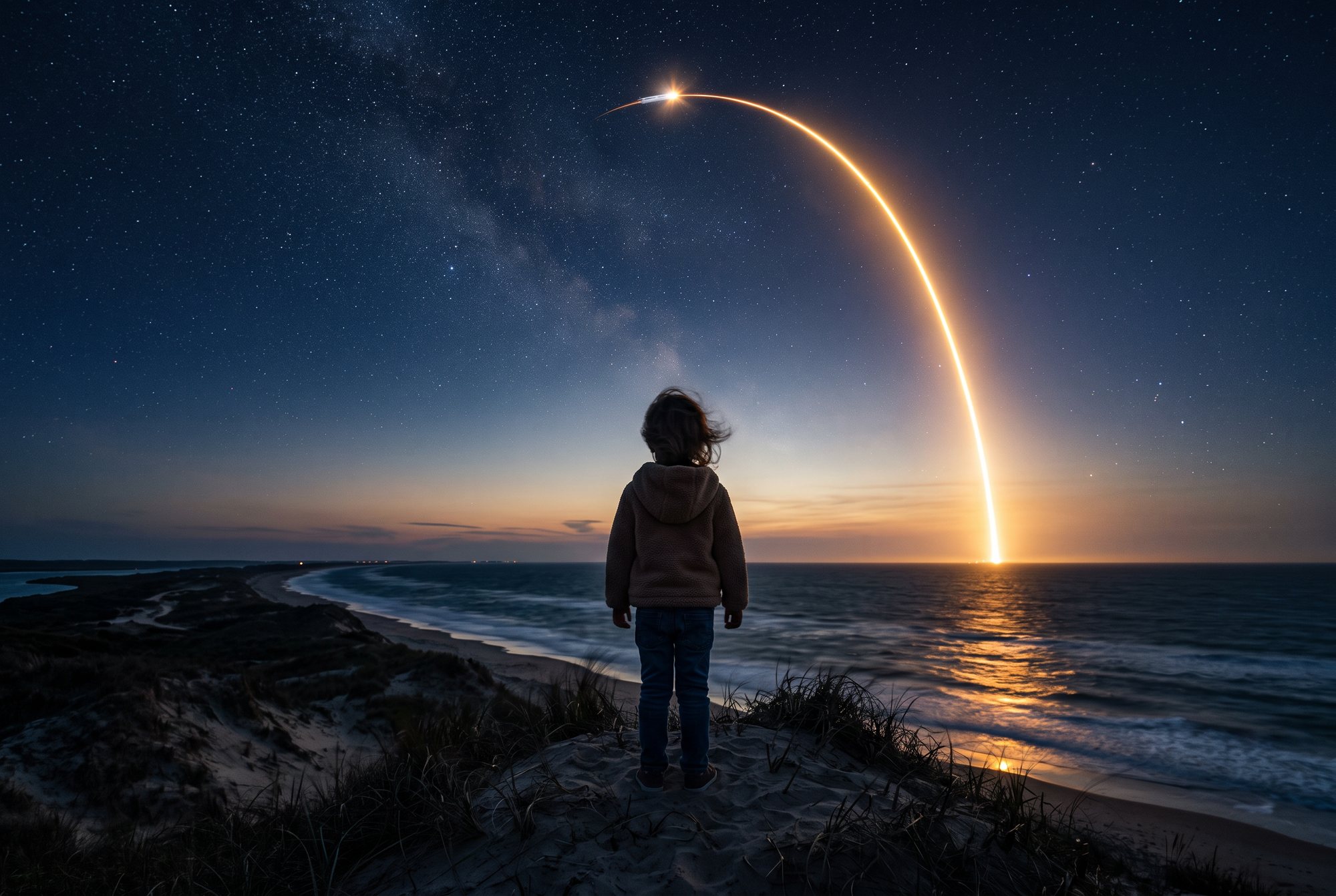 A child on a coastal dune watching a distant rocket launch at dusk